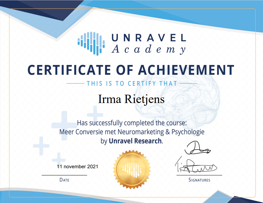 Unravel Reseach certificaat Irma Rietjens
